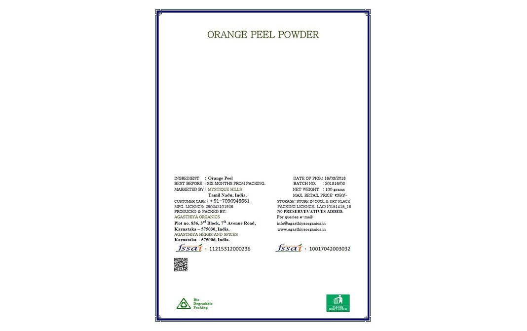 Mystique Hills Organic Orange Peel Powder    Box  100 grams